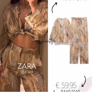 Zara Women's high waisted tie dye Brown and Tan straight leg Pants Set